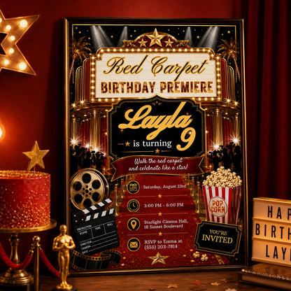 Editable Red Carpet Birthday Invitation Canva Template, Cute Modern Fun Themed DIY Sweet Chic Kids Party Invite, Printable Digital Download.