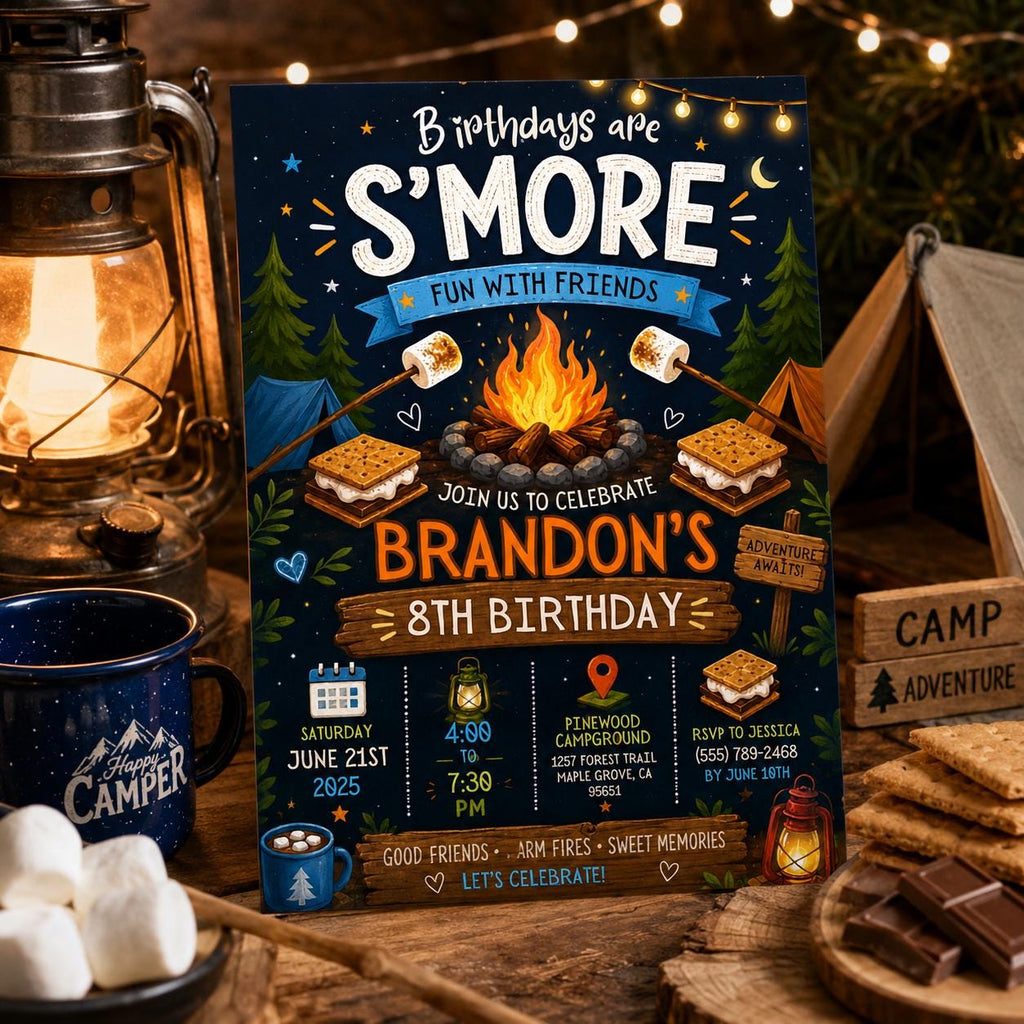 Editable Camping Birthday Invitation Canva Template, Kids Cute Fun DIY Sweet Chic Teen Tween Adult Party Invite, Printable Digital Download.