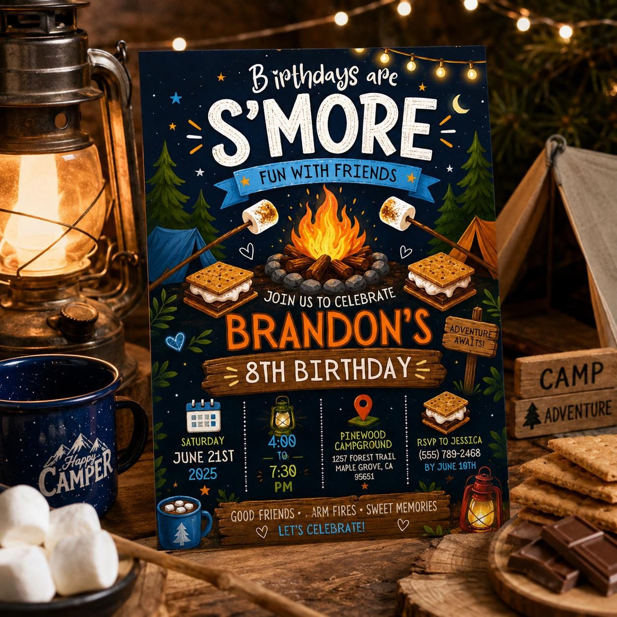 Editable Camping Birthday Invitation Canva Template, Kids Cute Fun DIY Sweet Chic Teen Tween Adult Party Invite, Printable Digital Download.