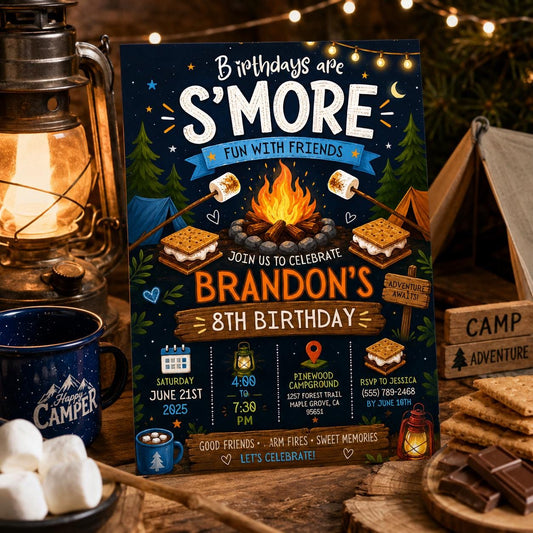 Editable Camping Birthday Invitation Canva Template, Kids Cute Fun DIY Sweet Chic Teen Tween Adult Party Invite, Printable Digital Download.