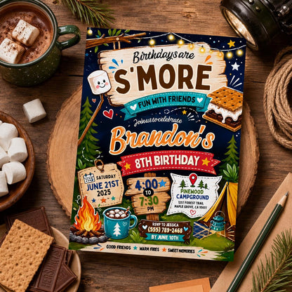 Editable Camping Birthday Invitation Canva Template, Kids Cute Fun DIY Sweet Chic Teen Tween Adult Party Invite, Printable Digital Download.