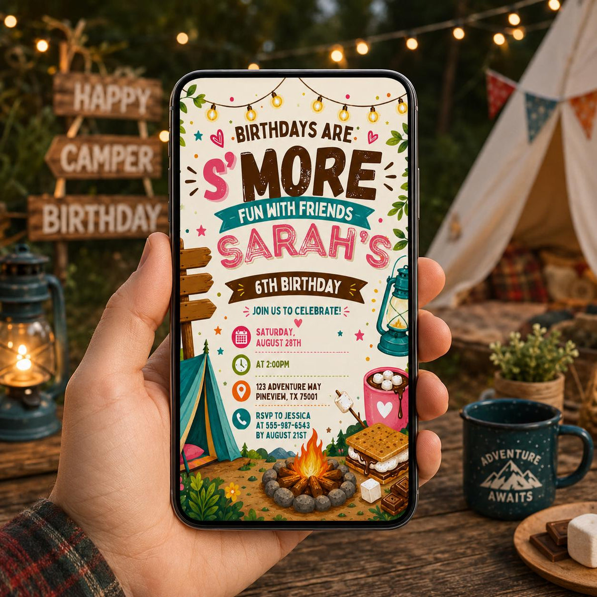 Editable Camping Birthday Invitation Canva Template, Kids Cute Fun DIY Sweet Chic Teen Tween Adult Party Invite, Printable Digital Download.