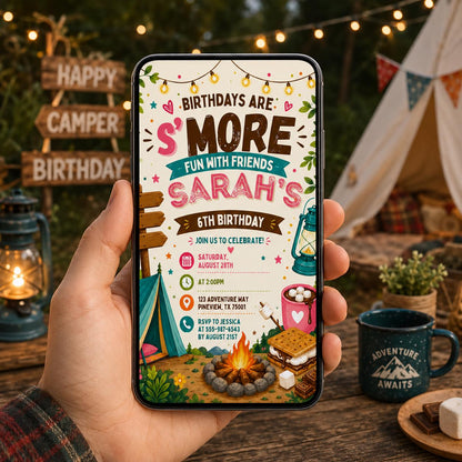 Editable Camping Birthday Invitation Canva Template, Kids Cute Fun DIY Sweet Chic Teen Tween Adult Party Invite, Printable Digital Download.