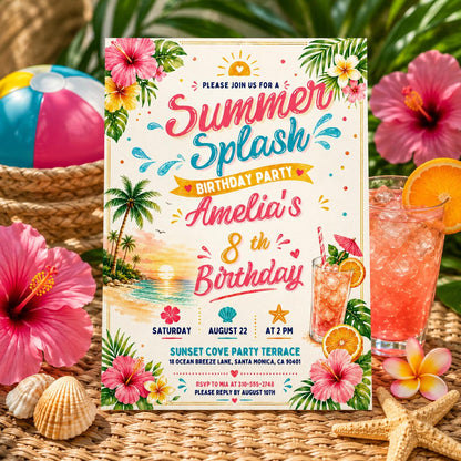 Editable Coastal Birthday Invitation Canva Template, Blue Girls Teens Beach Cute Fun DIY Chic Kids Party Invite, Printable Digital Download.