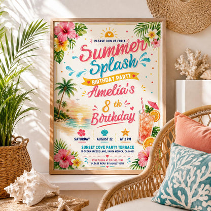 Editable Coastal Birthday Invitation Canva Template, Blue Girls Teens Beach Cute Fun DIY Chic Kids Party Invite, Printable Digital Download.