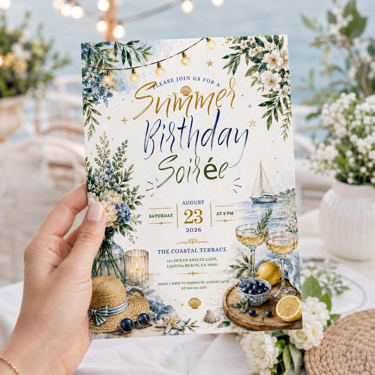 Editable Coastal Birthday Invitation Canva Template, Blue Girls Teens Beach Cute Fun DIY Chic Kids Party Invite, Printable Digital Download.