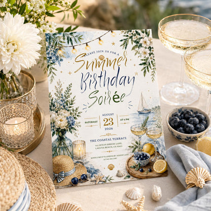 Editable Coastal Birthday Invitation Canva Template, Blue Girls Teens Beach Cute Fun DIY Chic Kids Party Invite, Printable Digital Download.