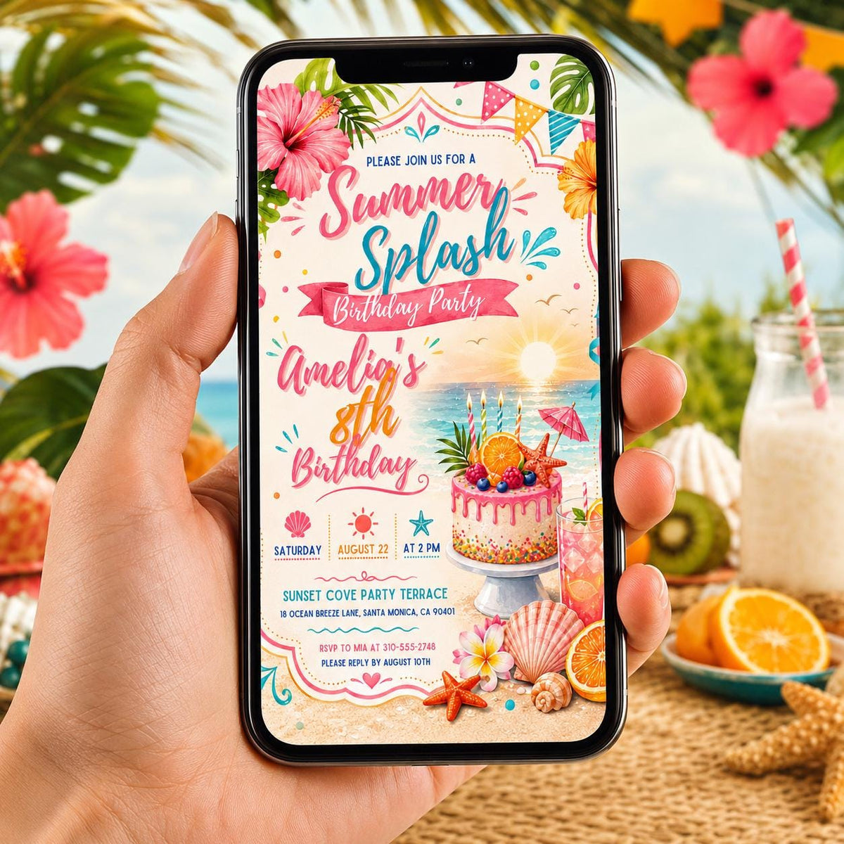 Editable Coastal Birthday Invitation Canva Template, Blue Girls Teens Beach Cute Fun DIY Chic Kids Party Invite, Printable Digital Download.