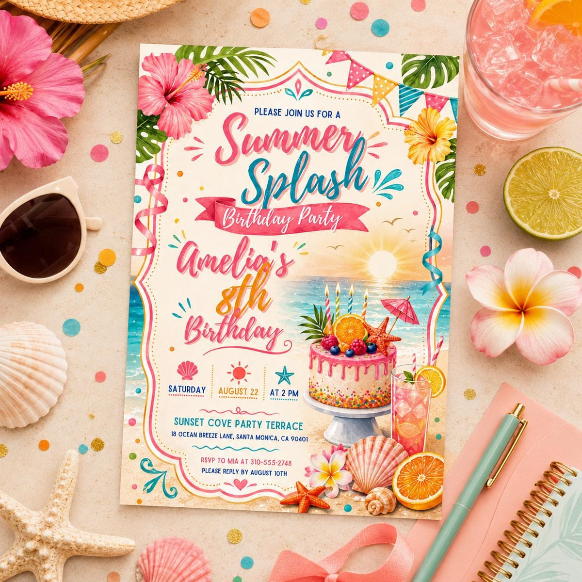 Editable Coastal Birthday Invitation Canva Template, Blue Girls Teens Beach Cute Fun DIY Chic Kids Party Invite, Printable Digital Download.