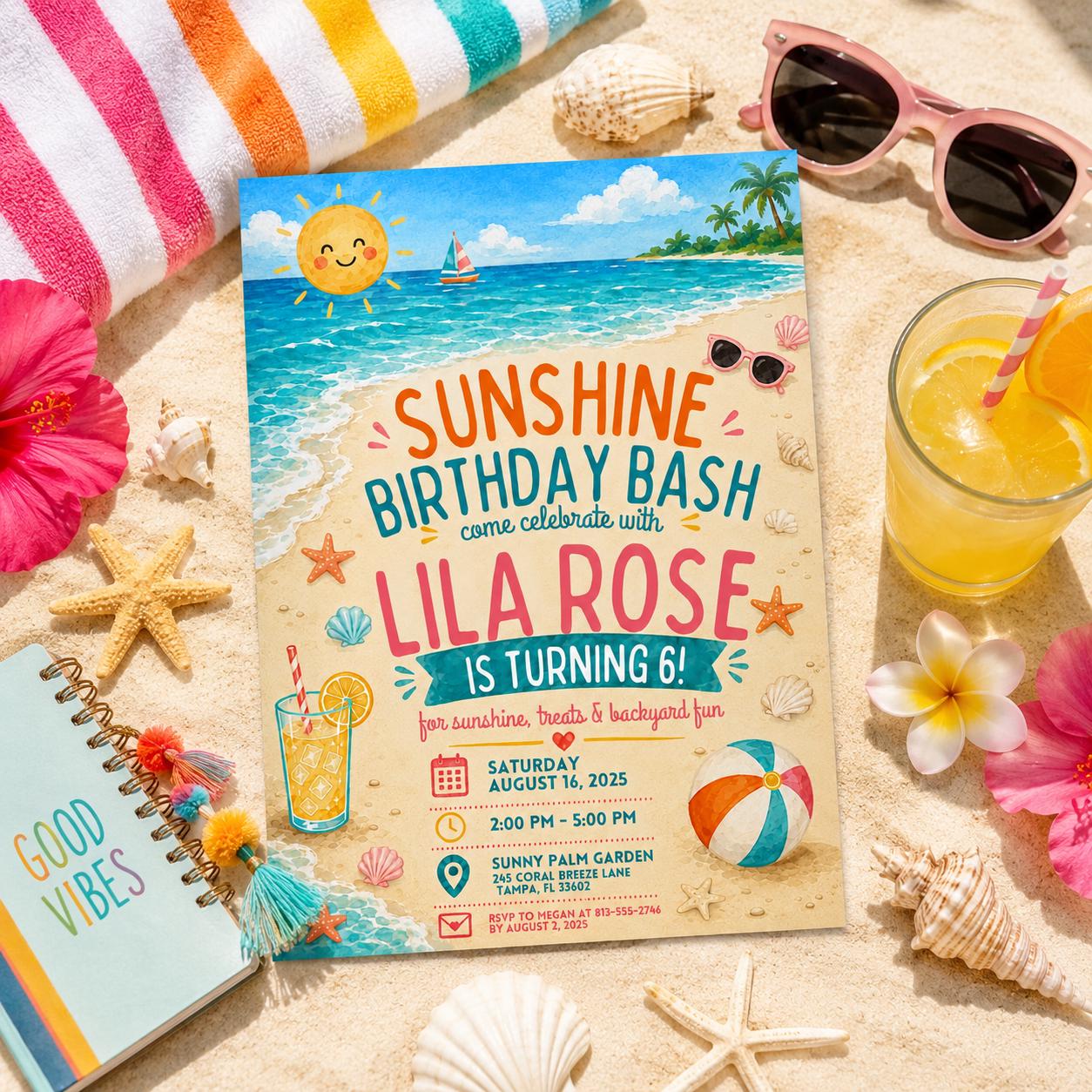 Editable Coastal Birthday Invitation Canva Template, Blue Girls Teens Beach Cute Fun DIY Chic Kids Party Invite, Printable Digital Download.