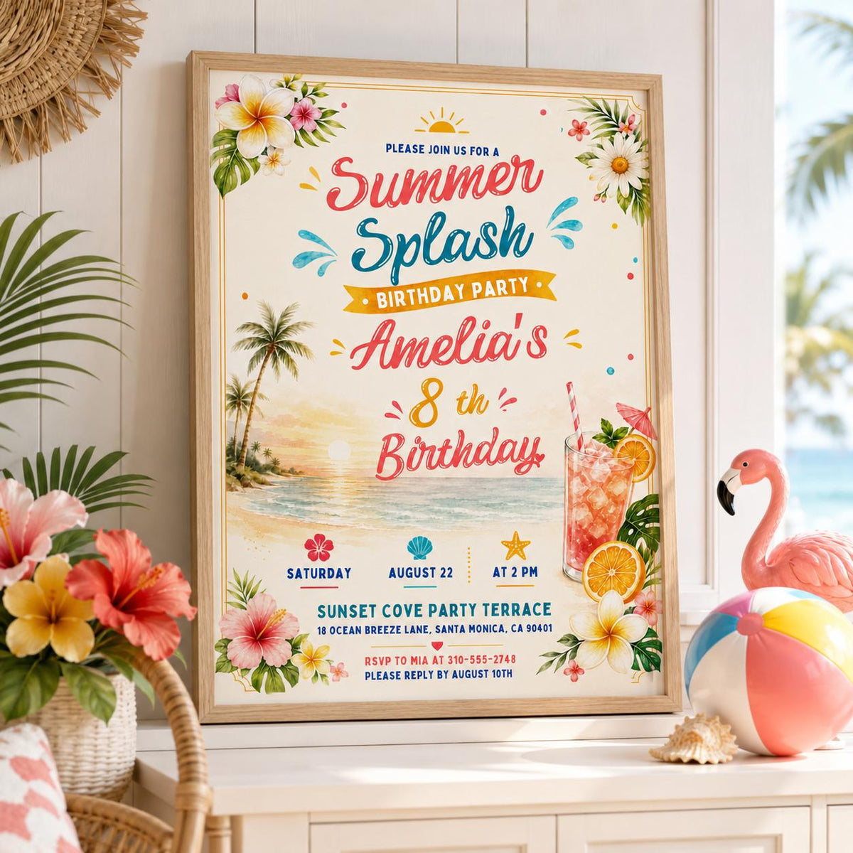 Editable Coastal Birthday Invitation Canva Template, Blue Girls Teens Beach Cute Fun DIY Chic Kids Party Invite, Printable Digital Download.