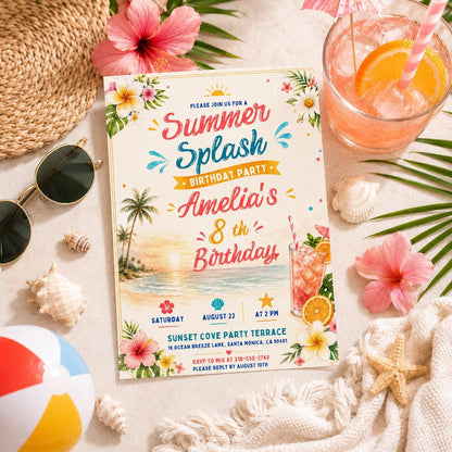 Editable Coastal Birthday Invitation Canva Template, Blue Girls Teens Beach Cute Fun DIY Chic Kids Party Invite, Printable Digital Download.