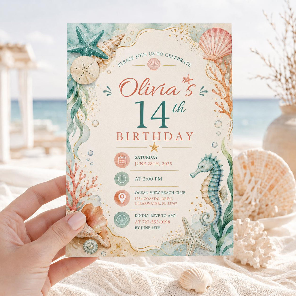 Editable Coastal Birthday Invitation Canva Template, Blue Girls Teens Beach Cute Fun DIY Chic Kids Party Invite, Printable Digital Download.