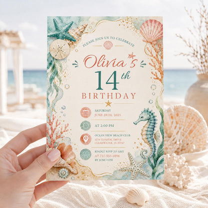 Editable Coastal Birthday Invitation Canva Template, Blue Girls Teens Beach Cute Fun DIY Chic Kids Party Invite, Printable Digital Download.