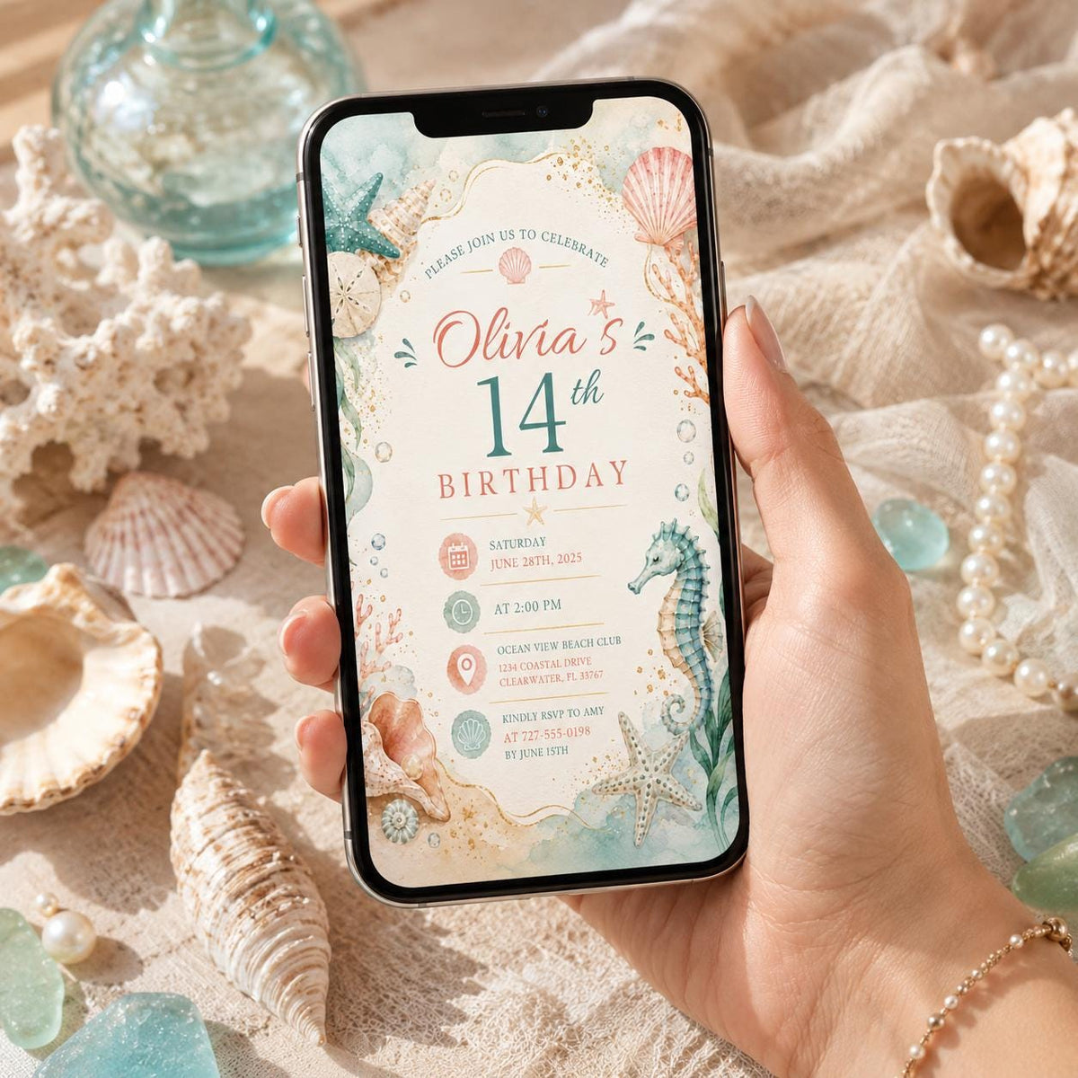 Editable Coastal Birthday Invitation Canva Template, Blue Girls Teens Beach Cute Fun DIY Chic Kids Party Invite, Printable Digital Download.