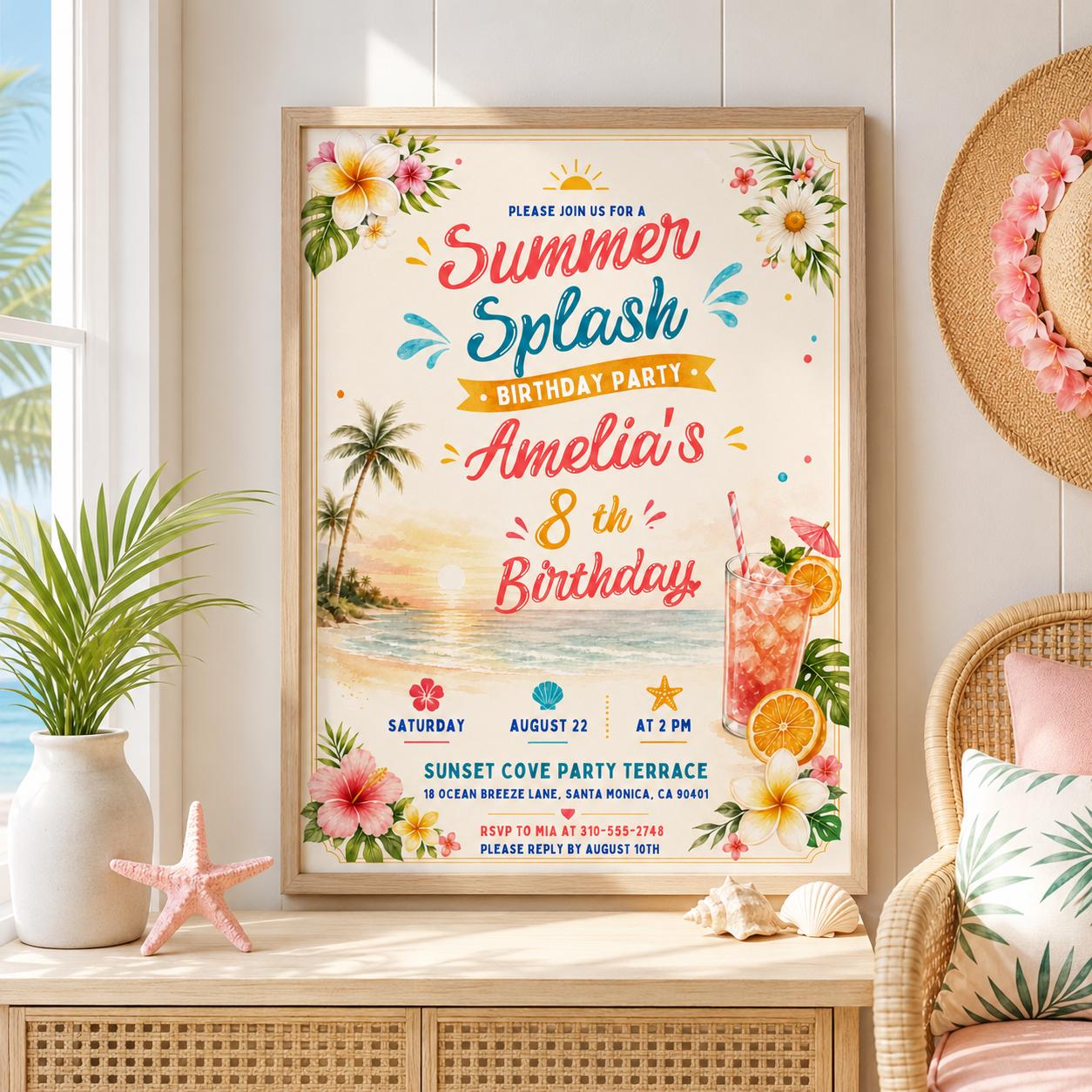 Editable Coastal Birthday Invitation Canva Template, Blue Girls Teens Beach Cute Fun DIY Chic Kids Party Invite, Printable Digital Download.