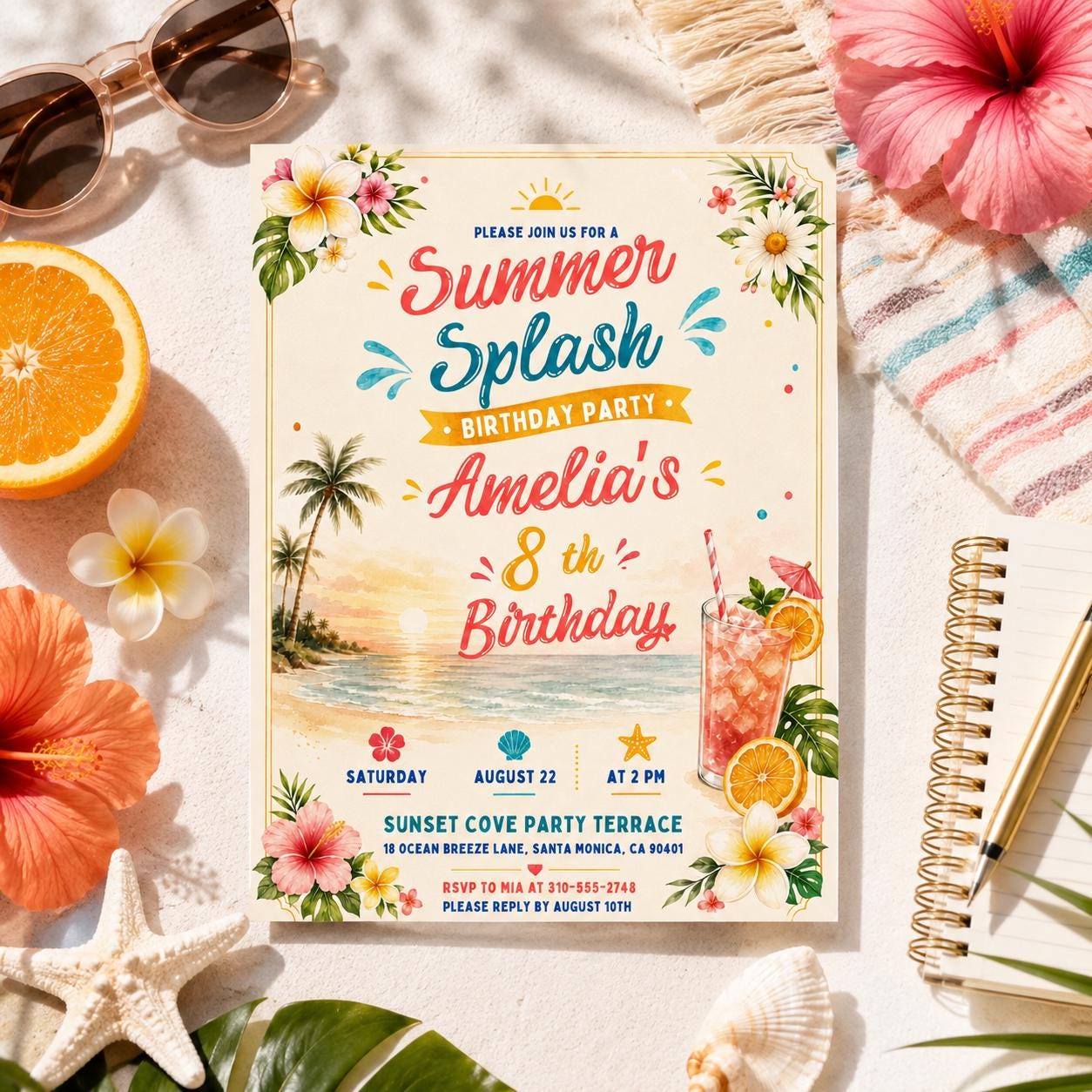 Editable Coastal Birthday Invitation Canva Template, Blue Girls Teens Beach Cute Fun DIY Chic Kids Party Invite, Printable Digital Download.