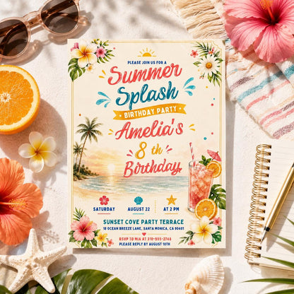 Editable Coastal Birthday Invitation Canva Template, Blue Girls Teens Beach Cute Fun DIY Chic Kids Party Invite, Printable Digital Download.