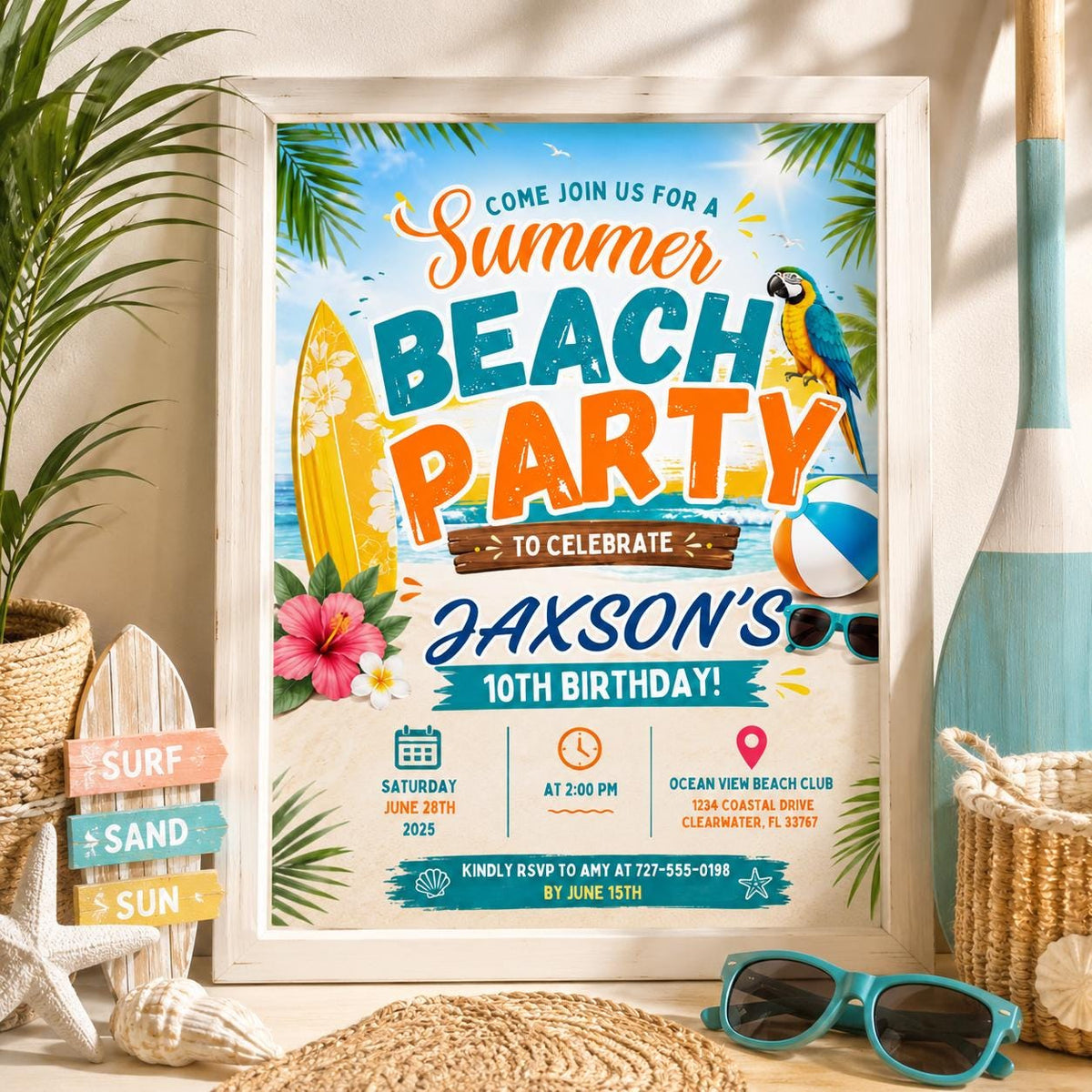 Editable Coastal Birthday Invitation Canva Template, Blue Girls Teens Beach Cute Fun DIY Chic Kids Party Invite, Printable Digital Download.
