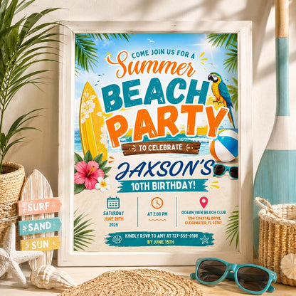 Editable Coastal Birthday Invitation Canva Template, Blue Girls Teens Beach Cute Fun DIY Chic Kids Party Invite, Printable Digital Download.