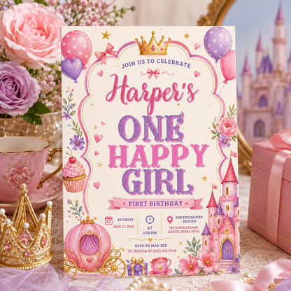 Editable Princess Birthday Invitation Canva Template, Pink Girls Kids Cute Fun DIY Sweet Chic Teen Party Invite, Printable Digital Download.