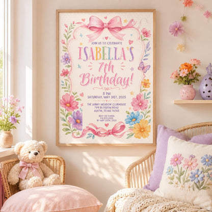 Editable Wildflower Birthday Invitation Canva Template, Pink Boho Floral Girls Cute Modern Fun DIY Party Invite, Printable Digital Download.