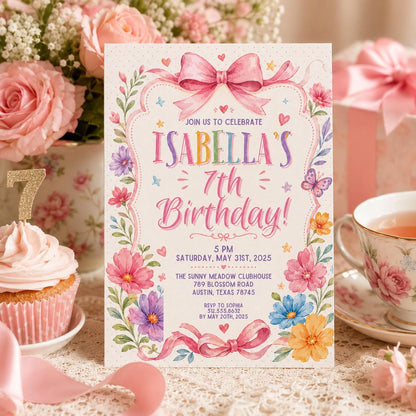 Editable Wildflower Birthday Invitation Canva Template, Pink Boho Floral Girls Cute Modern Fun DIY Party Invite, Printable Digital Download.