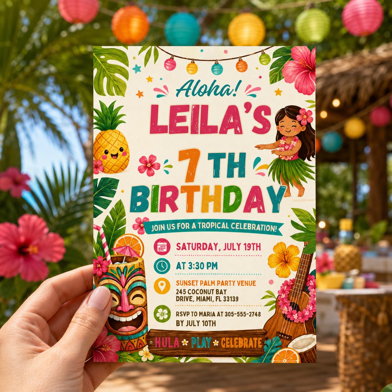 Editable Tropical Birthday Invitation Canva Template, Kids Summer Cute Modern Fun Themed DIY Sweet Party Invite, Printable Digital Download.