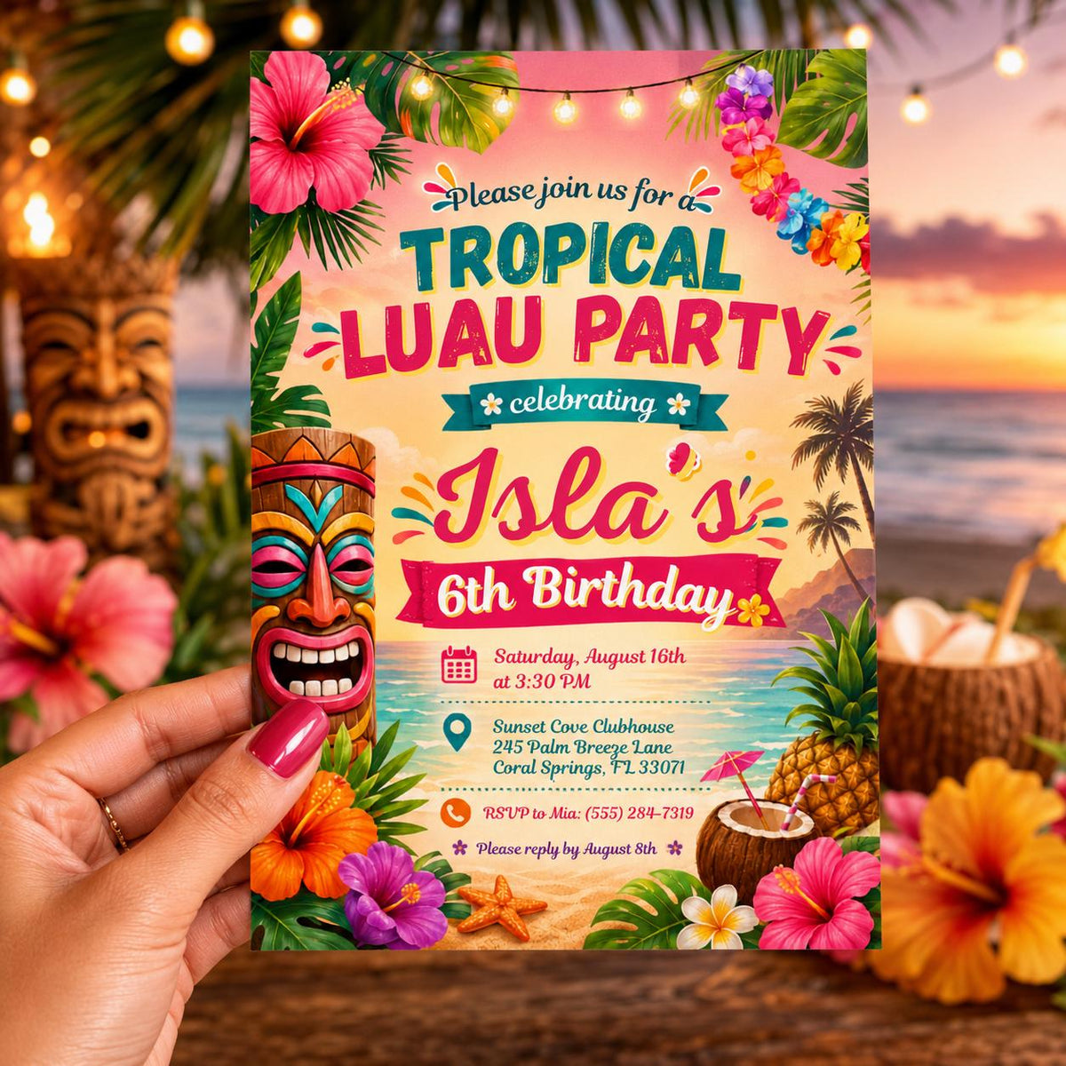 Editable Tropical Birthday Invitation Canva Template, Kids Summer Cute Modern Fun Themed DIY Sweet Party Invite, Printable Digital Download.