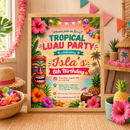 Editable Tropical Birthday Invitation Canva Template, Kids Summer Cute Modern Fun Themed DIY Sweet Party Invite, Printable Digital Download.