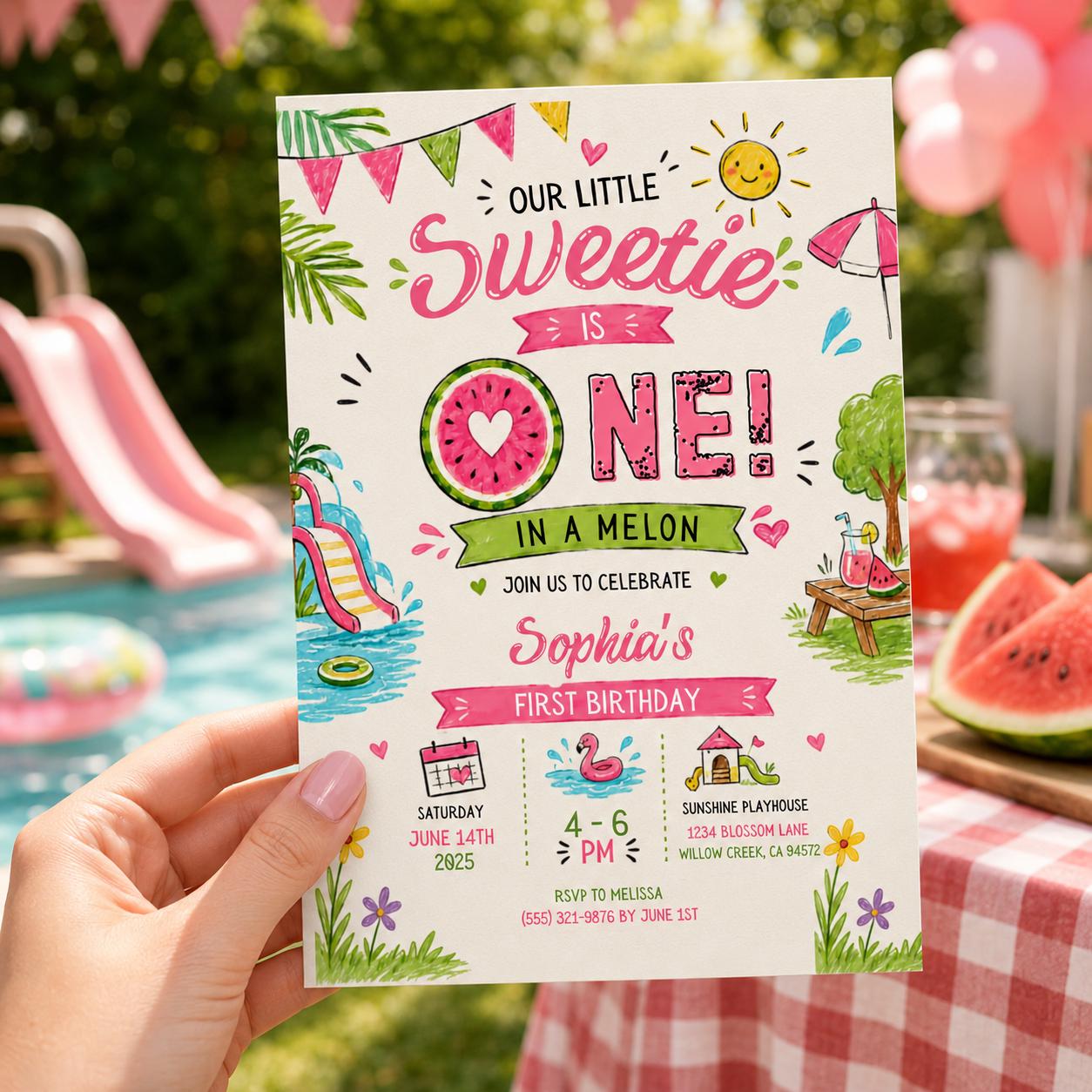 Editable Watermelon Birthday Invitation Canva Template, Pink Girls Kids Summer Cute Modern Fun DIY Party Invite, Printable Digital Download.