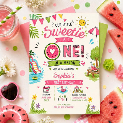 Editable Watermelon Birthday Invitation Canva Template, Pink Girls Kids Summer Cute Modern Fun DIY Party Invite, Printable Digital Download.