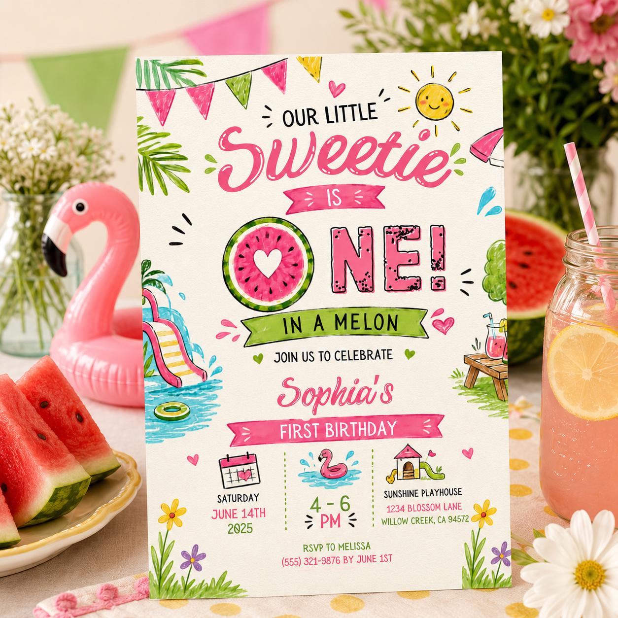 Editable Watermelon Birthday Invitation Canva Template, Pink Girls Kids Summer Cute Modern Fun DIY Party Invite, Printable Digital Download.