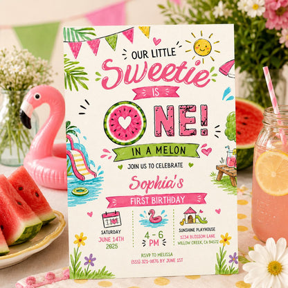 Editable Watermelon Birthday Invitation Canva Template, Pink Girls Kids Summer Cute Modern Fun DIY Party Invite, Printable Digital Download.