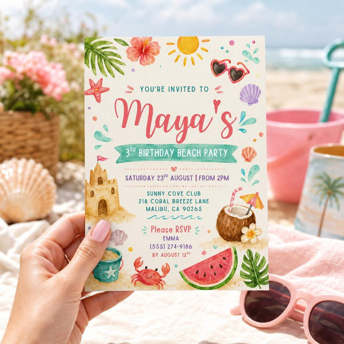 Editable Beach Birthday Invitation Canva Template, Pink Girls Beach Cute Modern Fun DIY Sweet Chic Party Invite, Printable Digital Download.