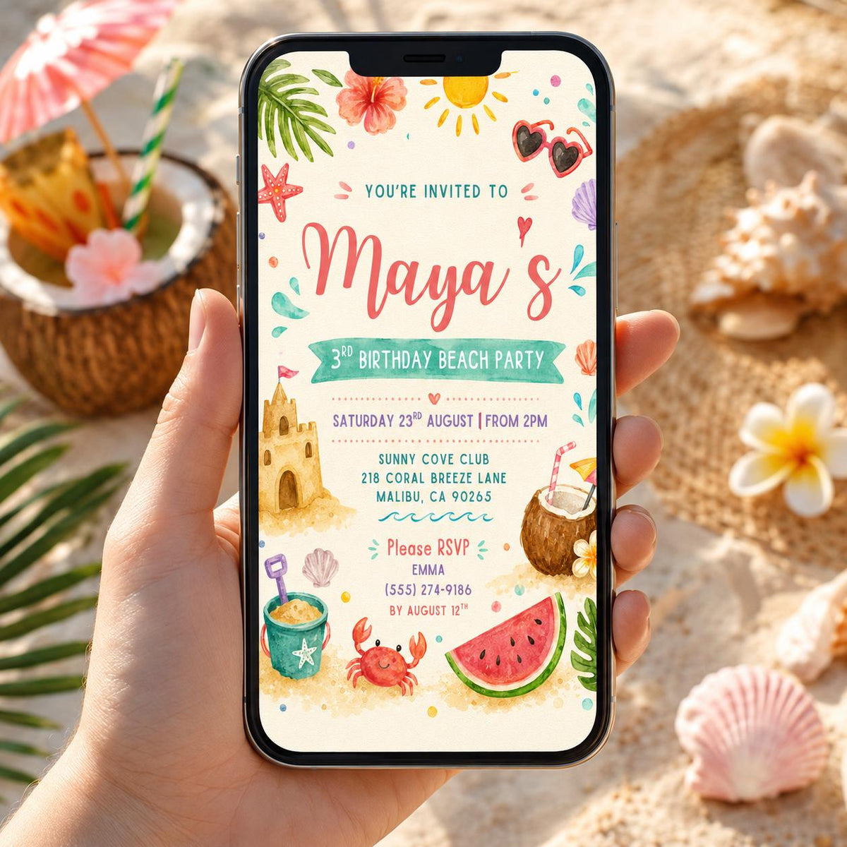 Editable Beach Birthday Invitation Canva Template, Pink Girls Beach Cute Modern Fun DIY Sweet Chic Party Invite, Printable Digital Download.