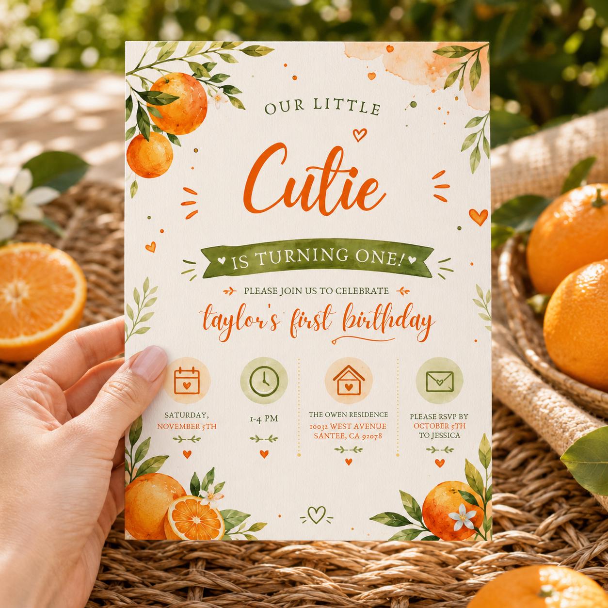 Editable Our Little Cutie Is Birthday Invitation Canva Template, Girls Kids Cute Fun DIY Chic Teen Party Invite, Printable Digital Download.