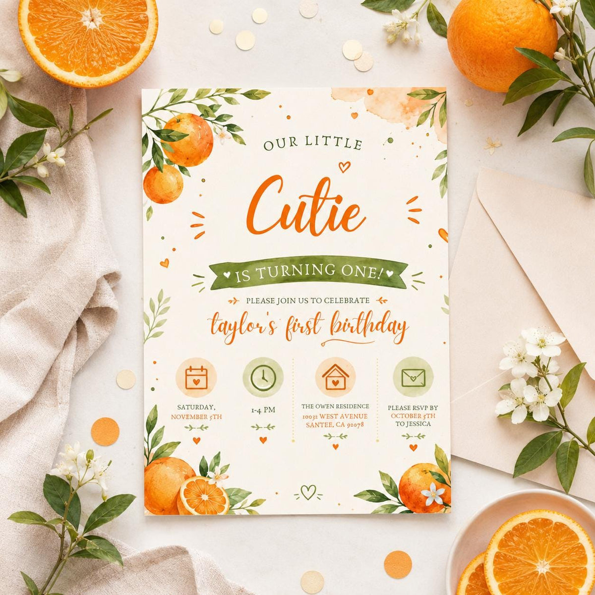Editable Our Little Cutie Is Birthday Invitation Canva Template, Girls Kids Cute Fun DIY Chic Teen Party Invite, Printable Digital Download.