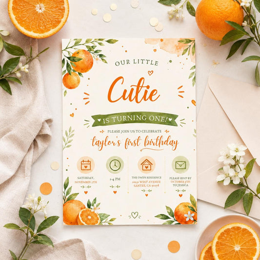 Editable Our Little Cutie Is Birthday Invitation Canva Template, Girls Kids Cute Fun DIY Chic Teen Party Invite, Printable Digital Download.