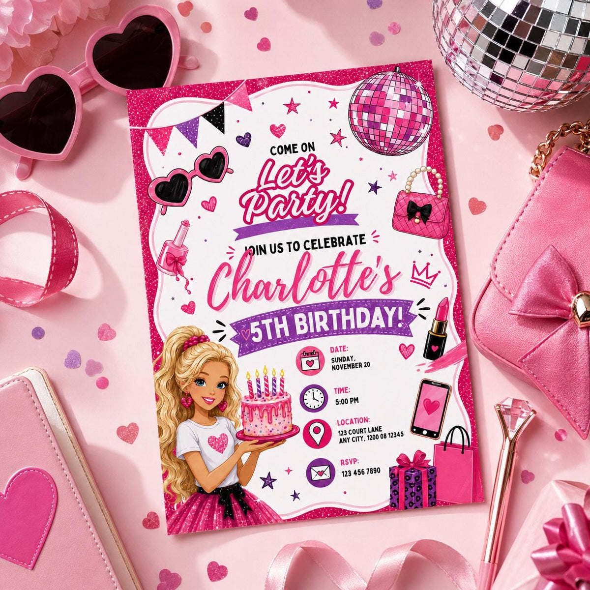 Editable Fashion Doll Birthday Invitation Canva Template, Pink Girls Cute Modern Fun DIY Chic Kids Party Invite, Printable Digital Download.