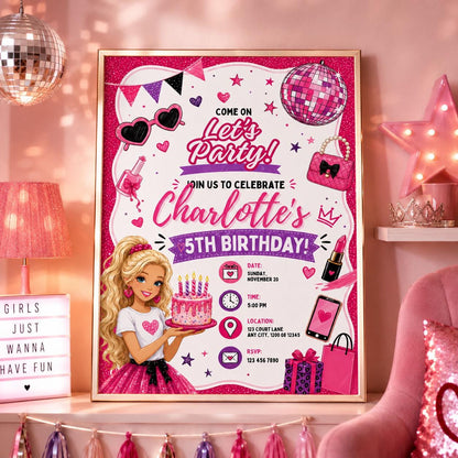 Editable Fashion Doll Birthday Invitation Canva Template, Pink Girls Cute Modern Fun DIY Chic Kids Party Invite, Printable Digital Download.