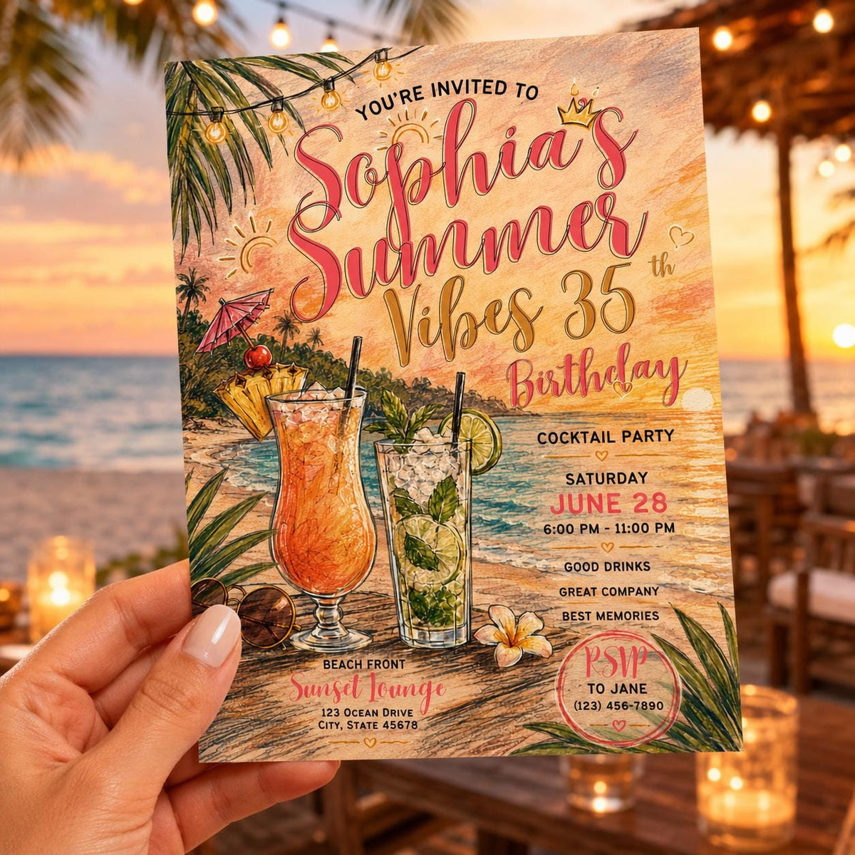 Editable Tropical Birthday Invitation Canva Template, Girls Adult Summer Cute Modern Fun DIY Sweet Party Invite, Printable Digital Download.