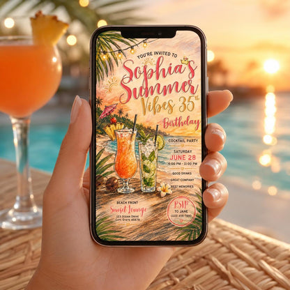 Editable Tropical Birthday Invitation Canva Template, Girls Adult Summer Cute Modern Fun DIY Sweet Party Invite, Printable Digital Download.