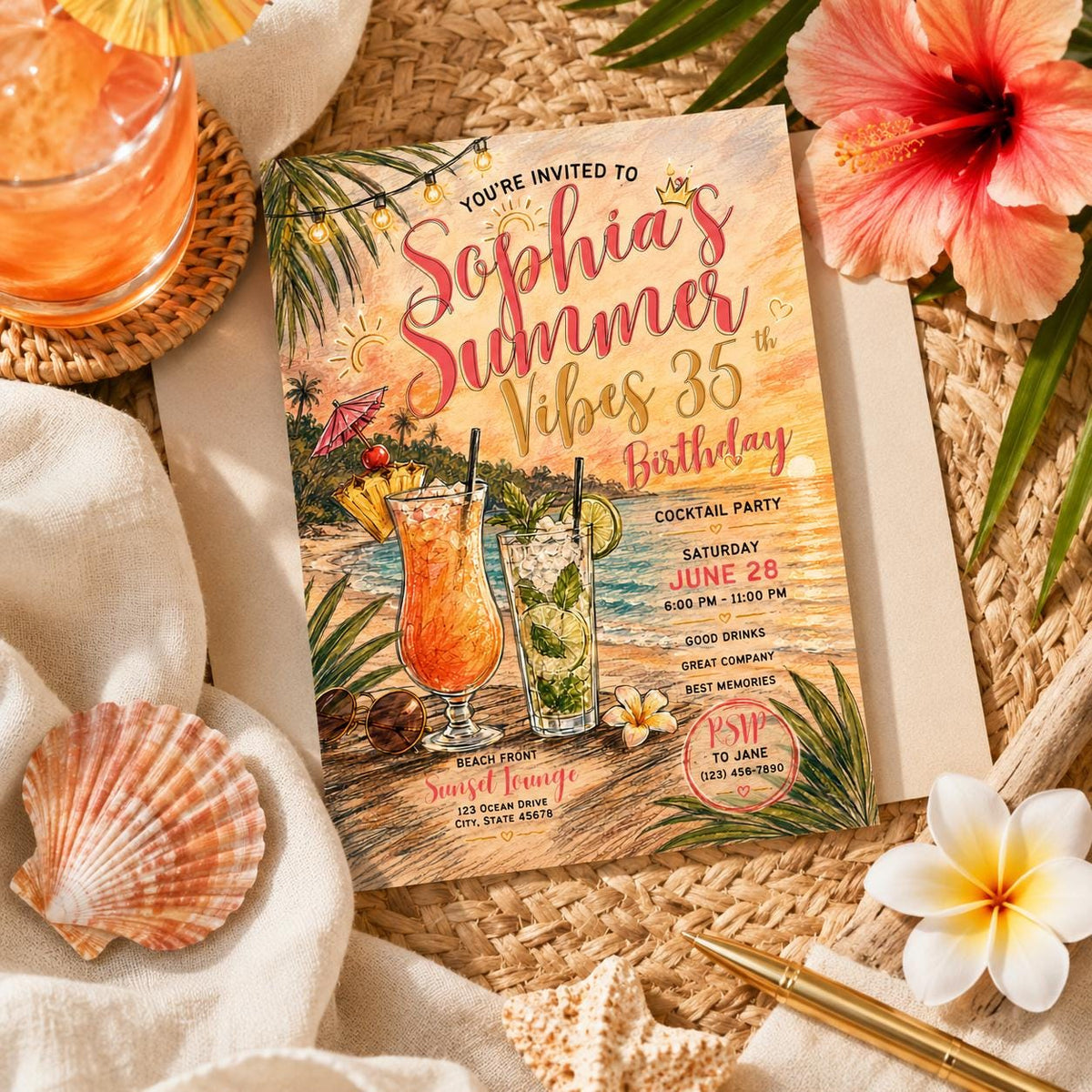 Editable Tropical Birthday Invitation Canva Template, Girls Adult Summer Cute Modern Fun DIY Sweet Party Invite, Printable Digital Download.