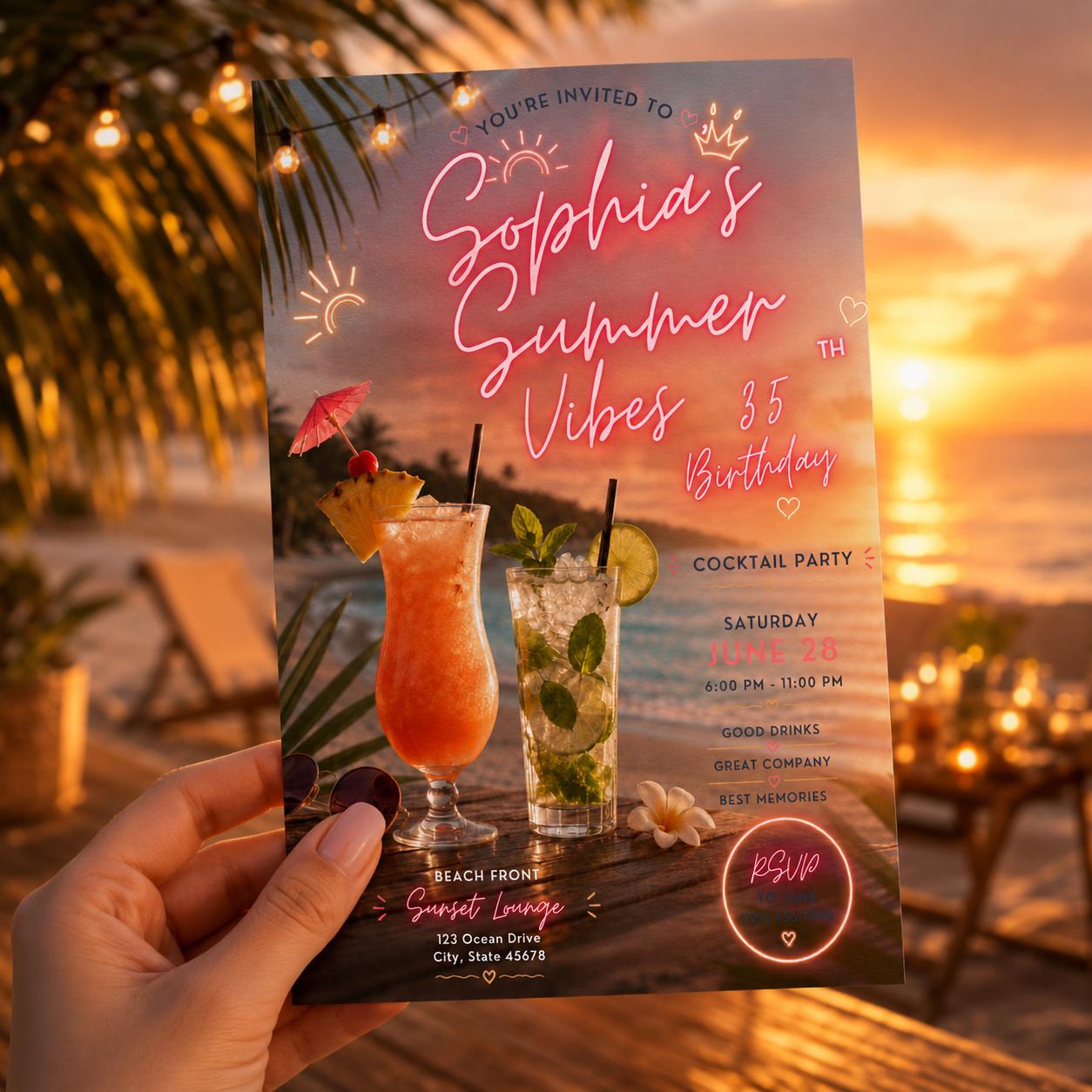 Editable Tropical Birthday Invitation Canva Template, Girls Adult Summer Cute Modern Fun DIY Sweet Party Invite, Printable Digital Download.