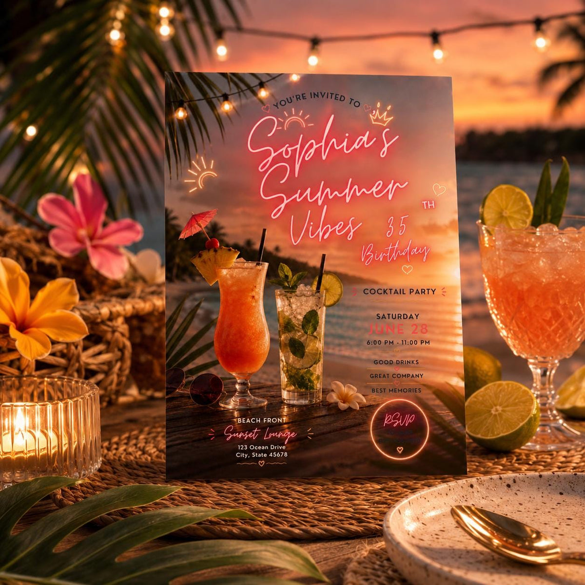 Editable Tropical Birthday Invitation Canva Template, Girls Adult Summer Cute Modern Fun DIY Sweet Party Invite, Printable Digital Download.