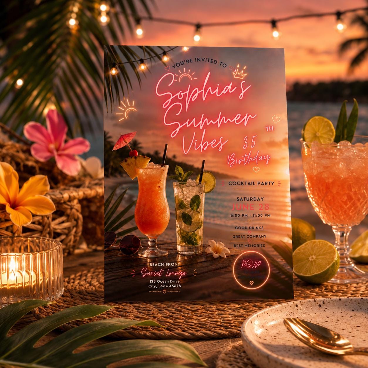 Editable Tropical Birthday Invitation Canva Template, Girls Adult Summer Cute Modern Fun DIY Sweet Party Invite, Printable Digital Download.