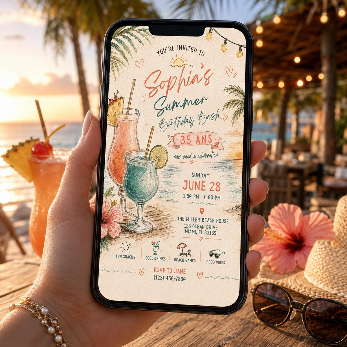 Editable Tropical Birthday Invitation Canva Template, Girls Adult Summer Cute Modern Fun DIY Sweet Party Invite, Printable Digital Download.