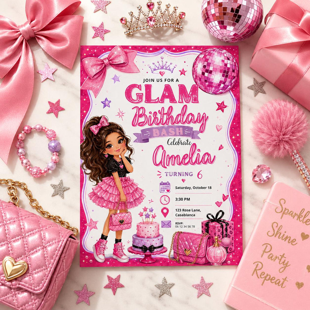 Editable Fashion Doll Birthday Invitation Canva Template, Pink Girls Cute Modern Fun DIY Chic Kids Party Invite, Printable Digital Download.