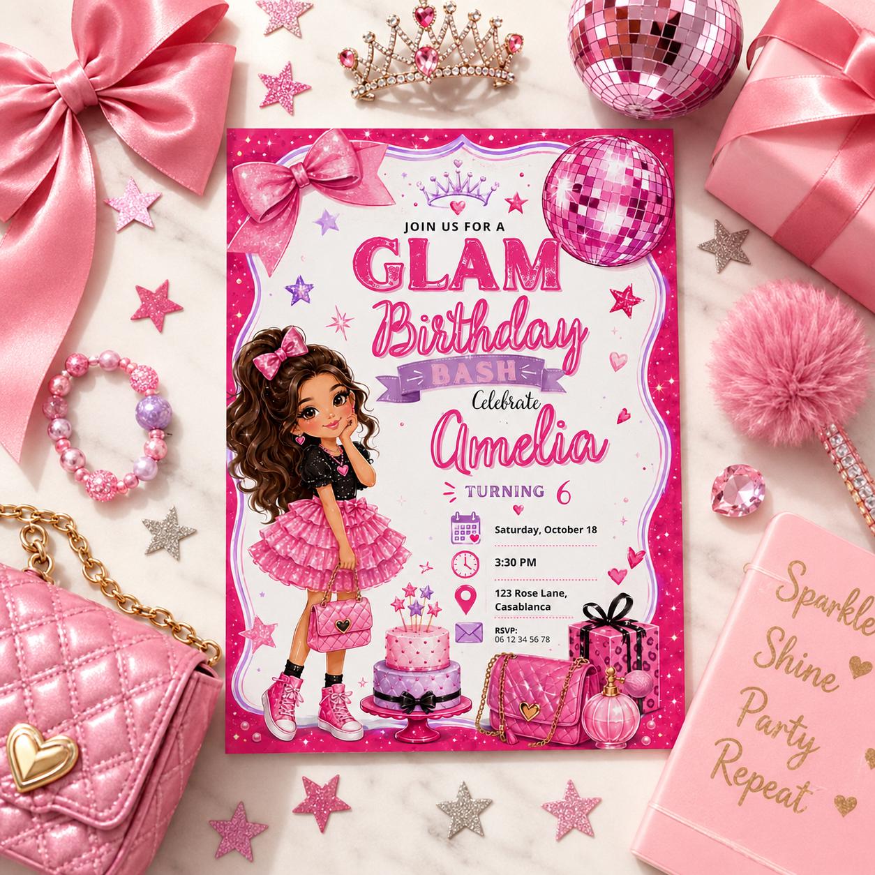 Editable Fashion Doll Birthday Invitation Canva Template, Pink Girls Cute Modern Fun DIY Chic Kids Party Invite, Printable Digital Download.
